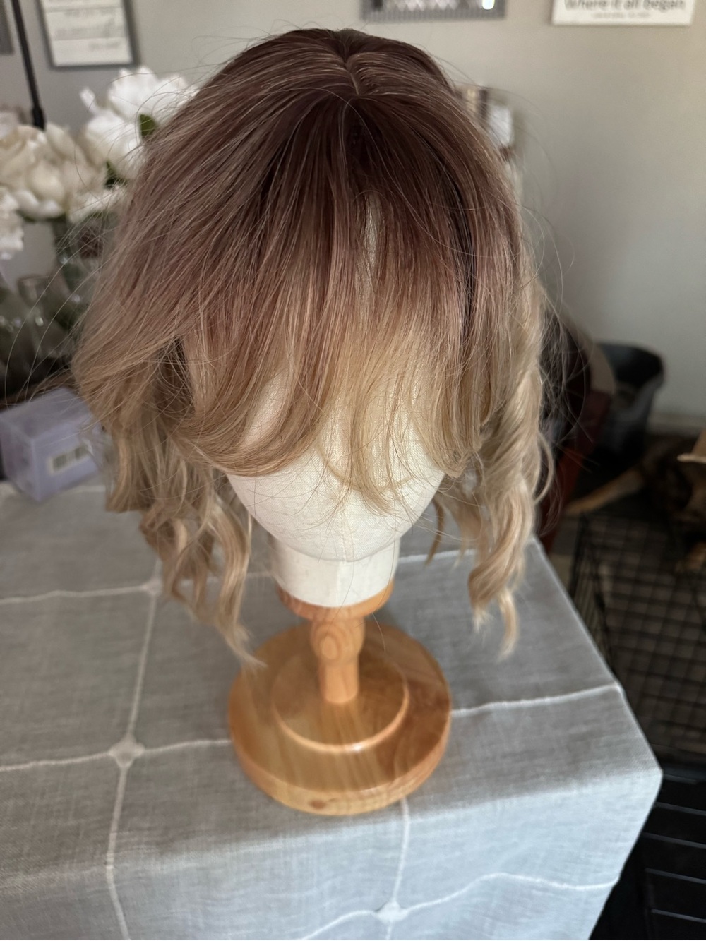 Brown to Blonde Ombre Wavy Women's Wig with Bangs